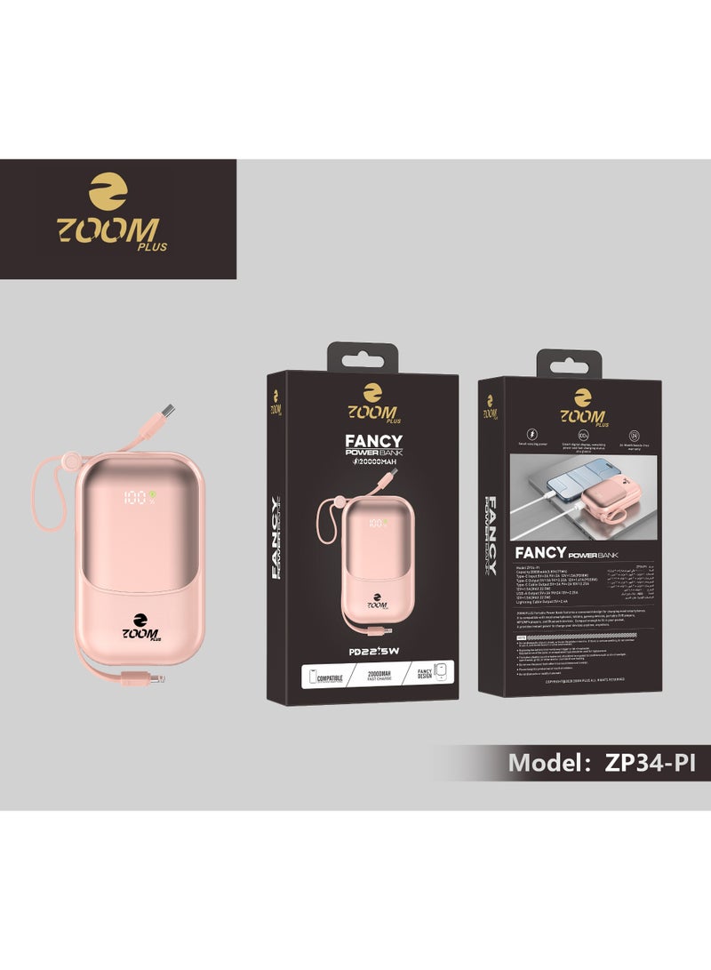 ZOOM PLUS Fancy Power Bank 20000mAh PD 22.5W Fast Charging, Built-in Cable, Digital Display, Compact Portable Charger for iPhone, Android & USB-C Devices – Model ZP34-PI - Image 4