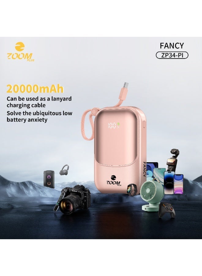 ZOOM PLUS Fancy Power Bank 20000mAh PD 22.5W Fast Charging, Built-in Cable, Digital Display, Compact Portable Charger for iPhone, Android & USB-C Devices – Model ZP34-PI - Image 1