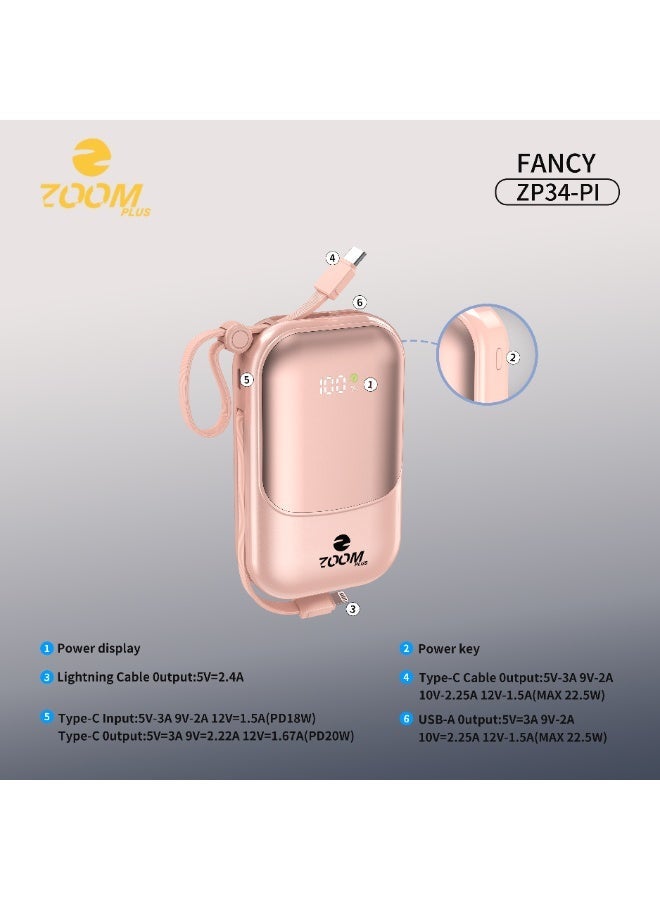 ZOOM PLUS Fancy Power Bank 20000mAh PD 22.5W Fast Charging, Built-in Cable, Digital Display, Compact Portable Charger for iPhone, Android & USB-C Devices – Model ZP34-PI - Image 3