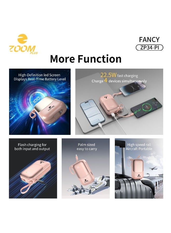 ZOOM PLUS Fancy Power Bank 20000mAh PD 22.5W Fast Charging, Built-in Cable, Digital Display, Compact Portable Charger for iPhone, Android & USB-C Devices – Model ZP34-PI - Image 2