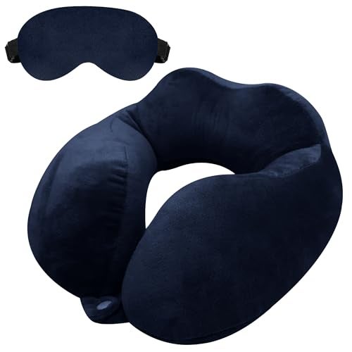 GREELI Rover Travel Neck Pillow – Soft Fiber Filled with Snap Button, Plush Fabric, for Flight, Bus, Car, Pain Relief (Navy Blue with Eye Mask) - Image 1
