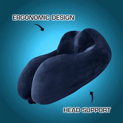GREELI Rover Travel Neck Pillow – Soft Fiber Filled with Snap Button, Plush Fabric, for Flight, Bus, Car, Pain Relief (Navy Blue with Eye Mask) - Image 3