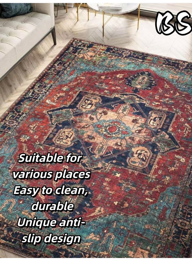 بي إس سجادة غرفة المعيشة الداخلية/التخييم الخارجية بتصميم بوهيمي عتيق مقاس 140×200 سم | قابلة للغسل، متينة، غير قابلة للانزلاق | سجادة داخلية ذات كومة قصيرة | ألوان زاهية | أنماط جميلة | كومة قصيرة ناعمة | مثالية للتخييم، والفناءات، وغرف المعيشة، وغرف النوم، وغرف الطعام، والمطابخ، والمداخل. - Image 1