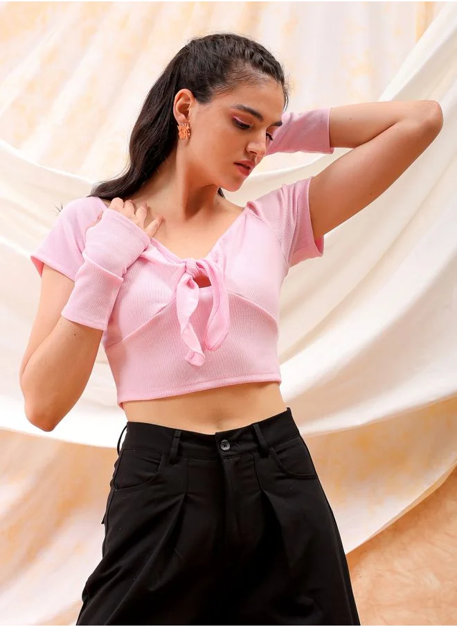 مرفوعة Women Flared Pink Solid Sweetheart Neck Short Sleeve Top