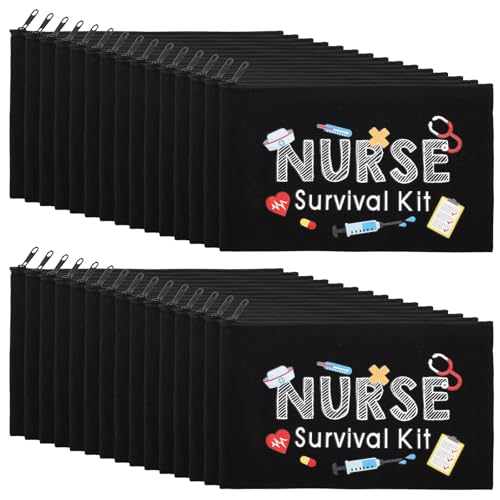 Kajaia 30 Pieces Nurse Survival Kit Makeup Bags for Nurse Appreciation Gifts CNA Week Accessories for Work Canvas Funny Cosmetic Bag Nursing Week Gifts BulkBlack - Image 1