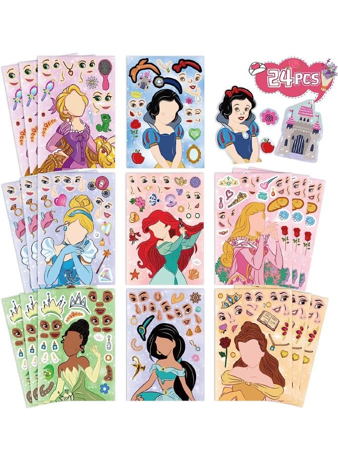 24PCS Make a Face Stickers, Princess Theme Stickers Book Crafts for Kids, DIY Party Supplies Favors Make Your Own Stickers, Mixed and Matched with Different Designs Characters for Birthday Gifts Rewar