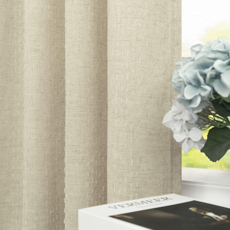 Pitalk Flax Linen Patterned Curtains 84 Inch Length for Living Room 2 Panels Pinch Pleated Back Tab Pocket Boho Long Drapes Light Filtering Semi Sheer Cloth Textured Neutral Burlap Beige Curtains for Bedroom - Image 2