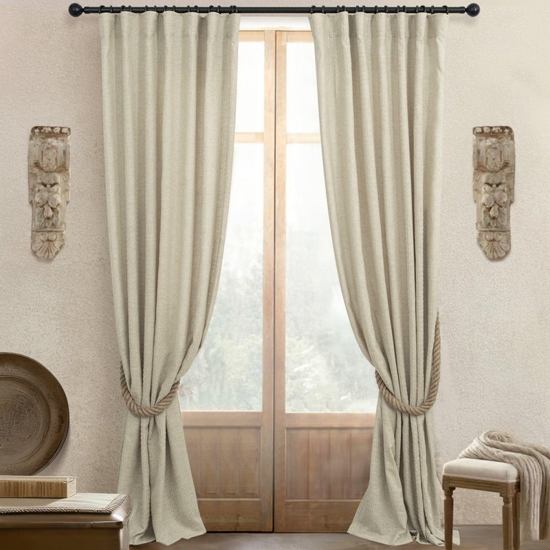 Pitalk Flax Linen Patterned Curtains 84 Inch Length for Living Room 2 Panels Pinch Pleated Back Tab Pocket Boho Long Drapes Light Filtering Semi Sheer Cloth Textured Neutral Burlap Beige Curtains for Bedroom - Image 1
