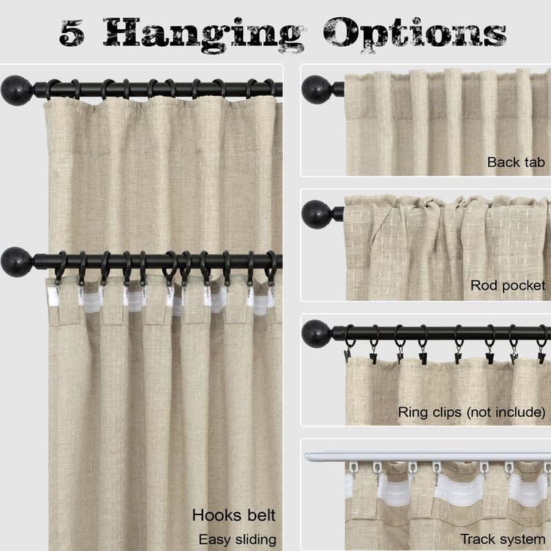 Pitalk Flax Linen Patterned Curtains 84 Inch Length for Living Room 2 Panels Pinch Pleated Back Tab Pocket Boho Long Drapes Light Filtering Semi Sheer Cloth Textured Neutral Burlap Beige Curtains for Bedroom - Image 5