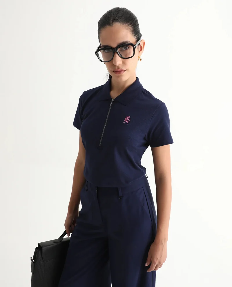 Rareism Rareism Women Laken Navy Cotton Lycra Fabric Short Sleeve Polo Collar Zipper Closure Plain Polo