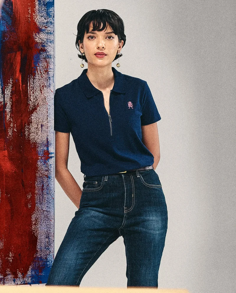 Rareism Rareism Women Laken Navy Cotton Lycra Fabric Short Sleeve Polo Collar Zipper Closure Plain Polo