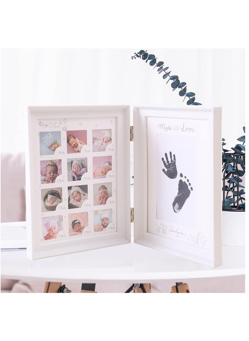 Generic Baby Hand and Footprint Kit Framed Photo Anniversary Growth Record Gifts Reusable Ink Cartridge Frame Foldable White  - Image 2
