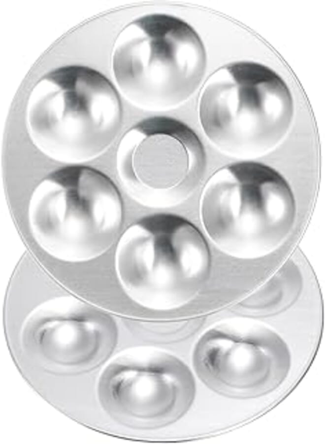 PATIKIL 6 Well Paint Tray Palette, 2 Pack Washable Paint Palette Aluminum Paint Tray Round for Watercolor Painting Art Class Craft DIY Project, Silver