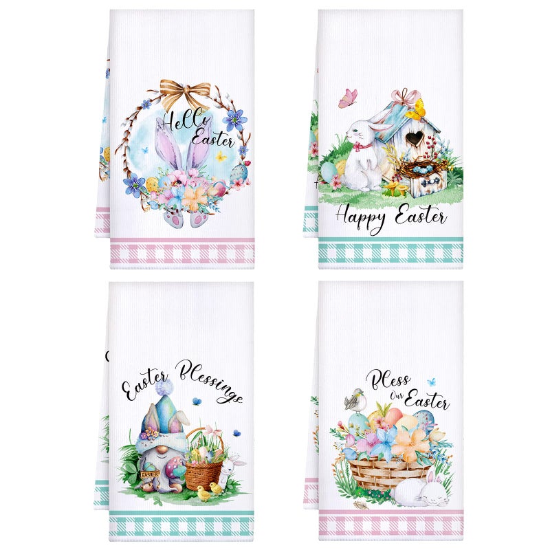 Kajaia 4 Pcs Easter Kitchen Towels Set Bunny Gnome Spring Floral Egg Printed Hand Dish Tea Towels Farmhouse Dishcloths with Blessings Versatile Kitchen Bathroom Decor or Housewarming Gift for Home - Image 2