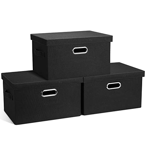 Graciadeco Medium 15" 21 Quart Collapsible Stackable Storage Bins with Lids, 3 Packs Black Foldable Fabric Closet Boxes Heavy-duty Lidded Linen Cube Basket Container Organizer and Storage for Bedroom - Image 1