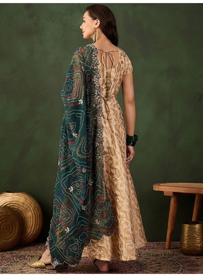 AKS Brige Banarasi Jacquard Flared Maxi Dress With Viscode BandhaniDupatta  - Image 4