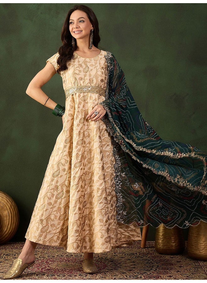 AKS Brige Banarasi Jacquard Flared Maxi Dress With Viscode BandhaniDupatta  - Image 1