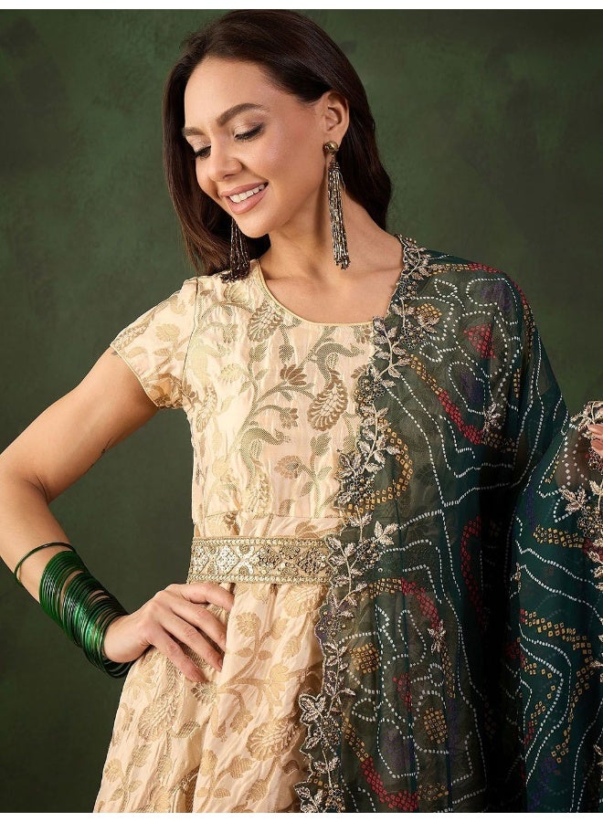 AKS Brige Banarasi Jacquard Flared Maxi Dress With Viscode BandhaniDupatta  - Image 2