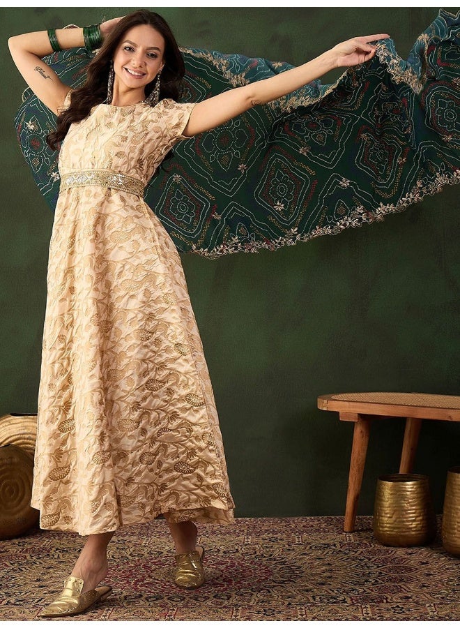 AKS Brige Banarasi Jacquard Flared Maxi Dress With Viscode BandhaniDupatta  - Image 5