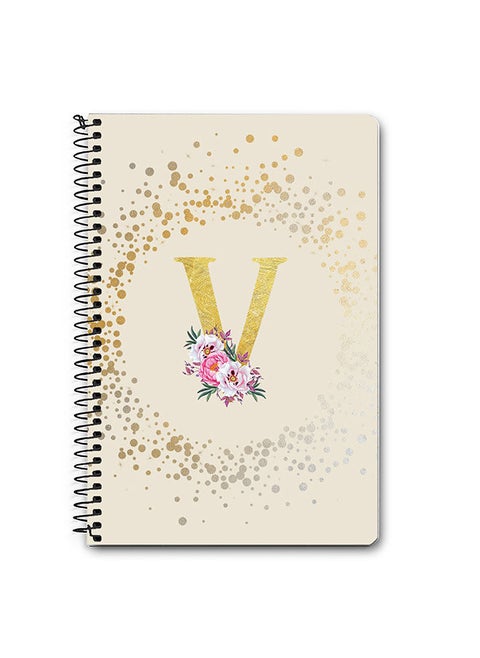 Designer A5 Spiral Notebook Memo Notepad Journal - Custom Monogram Initial Letter Floral Pattern Alphabet - V - Cream