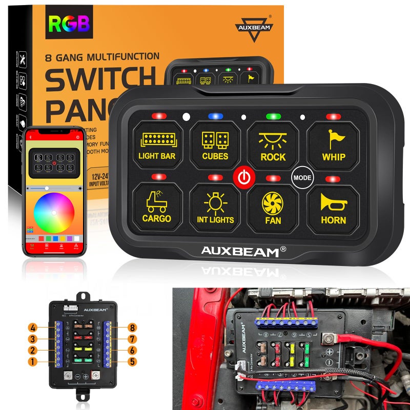 لوحة مفاتيح Auxbeam RGB Bluetooth 8 Gang AR820 مع مفتاح مؤقت متقطع لسيارات الشاحنات UTV والطرق الوعرة والقوارب ووحدة تحكم LED الإضافية مع نظام صندوق ريلاي الدائرة مقاوم للماء وضمان لمدة سنتين