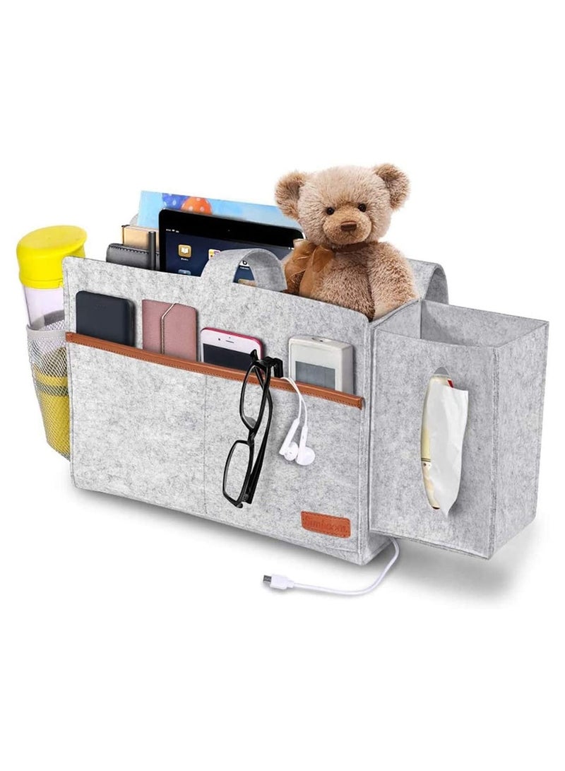 Y&D Bedside Organiser Storage Caddy Hanging Bag with Large Pockets for Remote Control Book Newspaper Phone Water Bottle Light Grey - Image 1