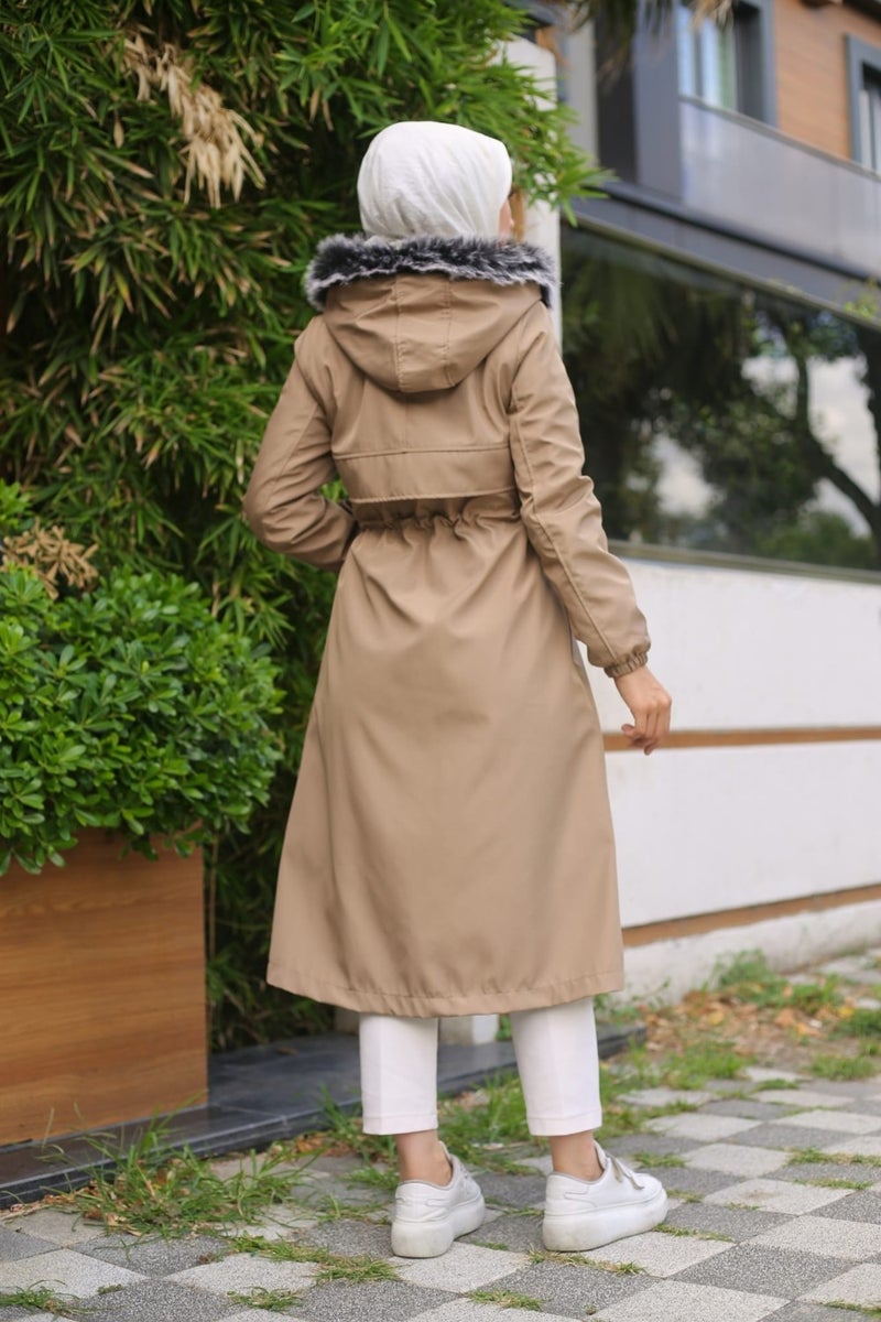 Vibeys Collection Beige Fur Lined and Waterproof Women's Winter Coat & Jacket  - Image 3