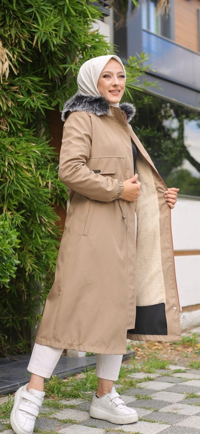 Vibeys Collection Beige Fur Lined and Waterproof Women's Winter Coat & Jacket  - Image 2