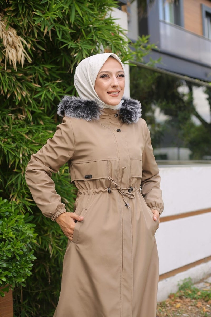Vibeys Collection Beige Fur Lined and Waterproof Women's Winter Coat & Jacket  - Image 5
