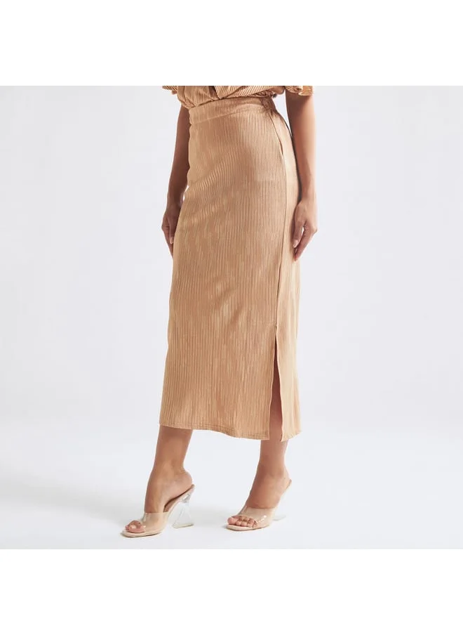 FAV Textured Skirt with Semi-Elasticated Waistband and Slit Detail