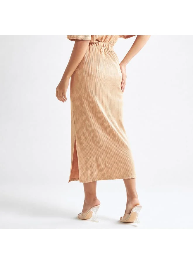 Splash FAV Textured Skirt with Semi-Elasticated Waistband and Slit Detail