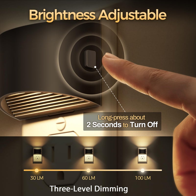 DORESshop LED Night Light[2 Pack], Night Lights Plug into Wall, 3 Level Brightness Adjustable Plug in Night Light, Dusk to Dawn Sensor, Nightlights for Adults, Bedroom, Bathroom, Hallway, 3000K - Image 2