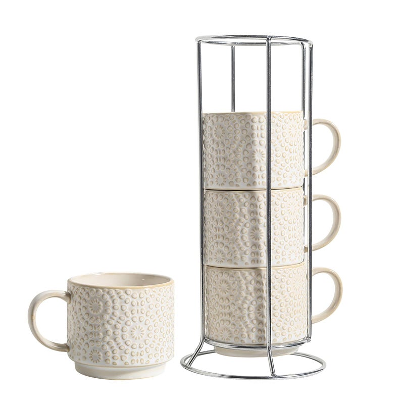 SumitlEyao 6 Oz Coffee Cups Set of 4, Stackable Coffee Mugs with Stand, Ceramic Cappuccino Cup, Embossed Espresso Cups for Latte, Tea, Cocoa, Mocha, Housewarming Present, Dishwasher Safe - Image 1