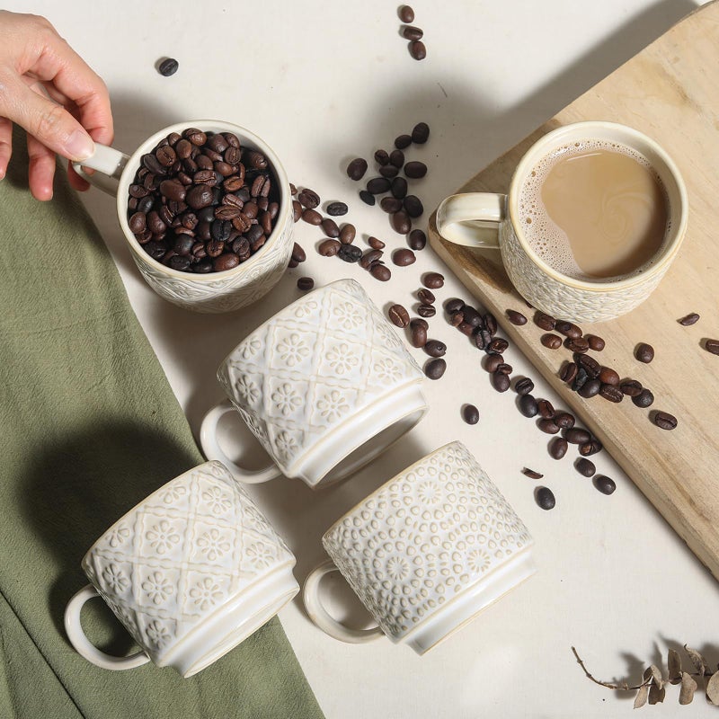 SumitlEyao 6 Oz Coffee Cups Set of 4, Stackable Coffee Mugs with Stand, Ceramic Cappuccino Cup, Embossed Espresso Cups for Latte, Tea, Cocoa, Mocha, Housewarming Present, Dishwasher Safe - Image 5