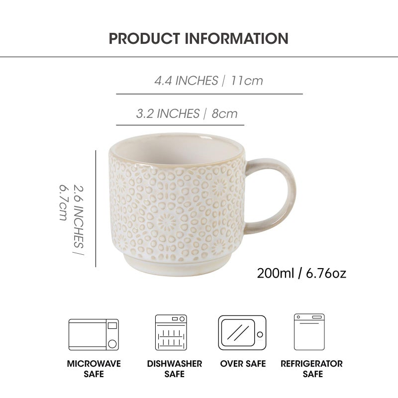 SumitlEyao 6 Oz Coffee Cups Set of 4, Stackable Coffee Mugs with Stand, Ceramic Cappuccino Cup, Embossed Espresso Cups for Latte, Tea, Cocoa, Mocha, Housewarming Present, Dishwasher Safe - Image 2