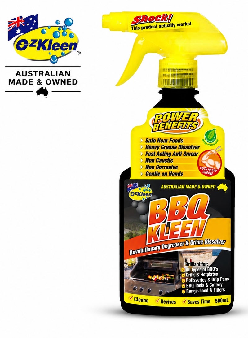 OzKleen BBQ Kleen BBQ Cleaner Spray 500ml, Australian Made & Owned Heavy Duty BBQ Degreaser & Grime Dissolver, Fast Acting Non-Caustic Cleaner for BBQ Grills, Hotplates, Rotisseries, Drip Trays & Stainless Steel - Image 1