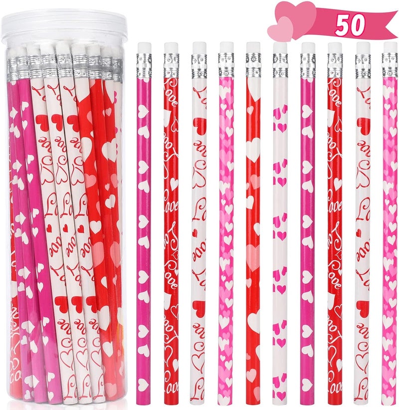 HINZER 50Pcs Valentines Day Pencils for Kids Party Favors Valentines Wood Pencils Bulk with Erasers for Goodie Bags Fillers Valentine's Day Exchange Gifts Giveaways Classroom Rewards School Supplies - Image 1