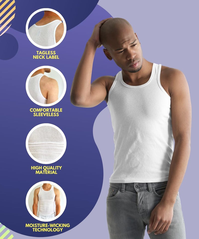 BROOKLYN VERTICAL Mens 6-Pack Tank Tops | Moisture-Wicking Ribbed Lightweight Undershirts White - Image 4