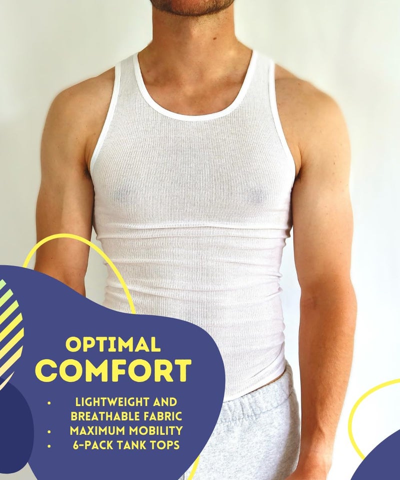 BROOKLYN VERTICAL Mens 6-Pack Tank Tops | Moisture-Wicking Ribbed Lightweight Undershirts White - Image 3