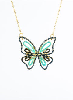 Chinese Gold Necklace Golden with a Black and Turquoise Zirconic Butterfly Pendant