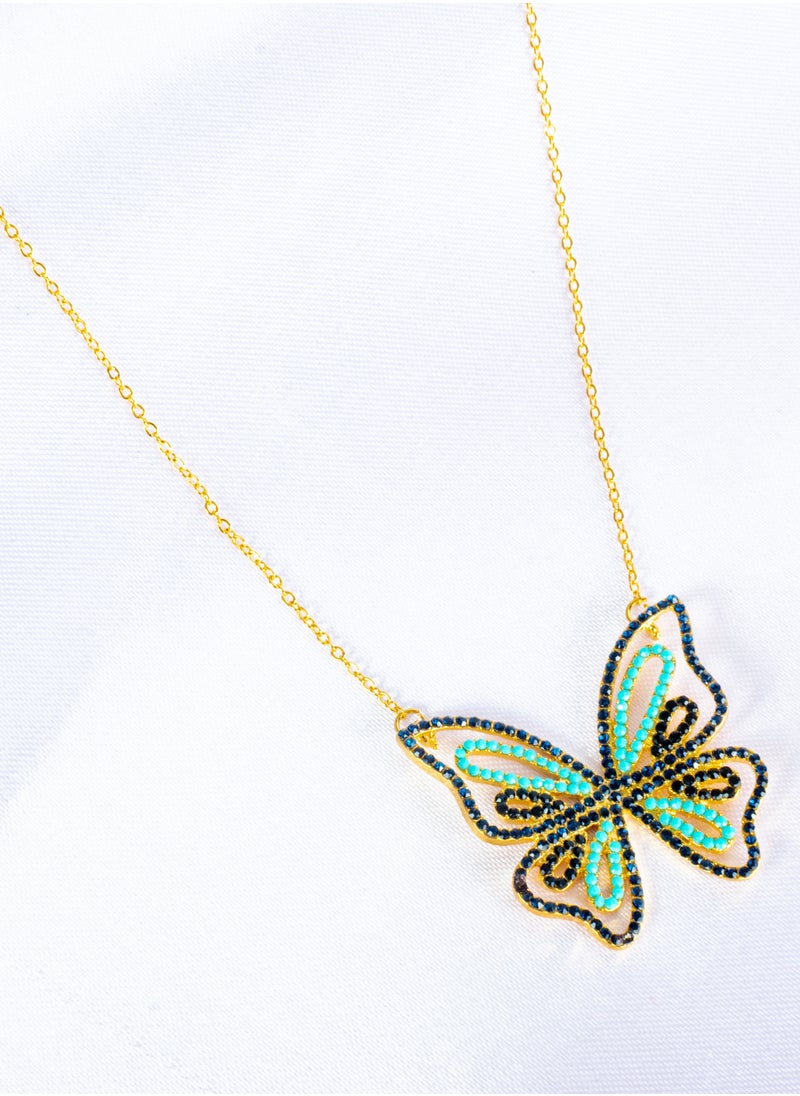 The Black Pearl Accessories - Chinese Gold Necklace Golden with a Black and Turquoise Zirconic Butterfly Pendant - Image 1