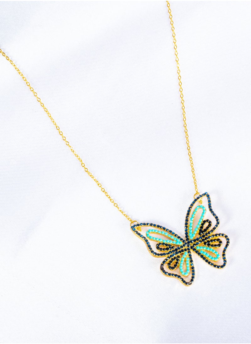 The Black Pearl Accessories - Chinese Gold Necklace Golden with a Black and Turquoise Zirconic Butterfly Pendant - Image 1