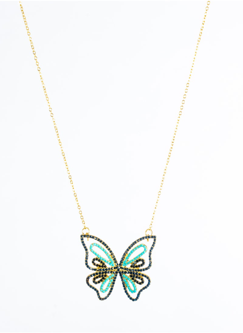 The Black Pearl Accessories - Chinese Gold Necklace Golden with a Black and Turquoise Zirconic Butterfly Pendant - Image 1