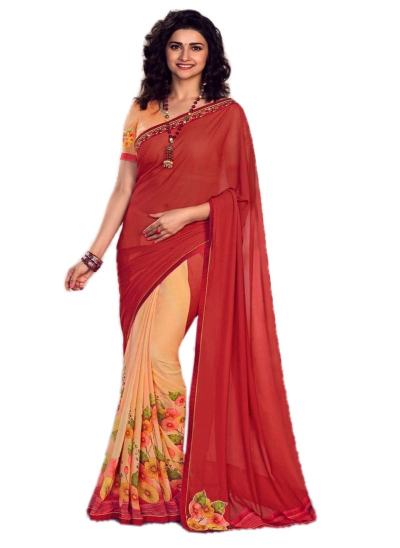 Grab Mantra - Georgette Red And Peach Half N Half Pattern Saree With Unstitched Blouse - Image 1