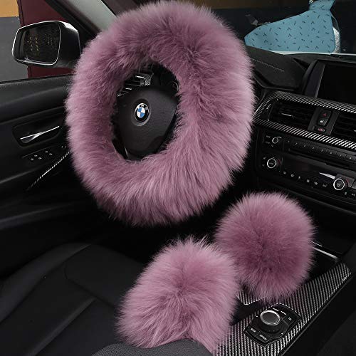 AOGELAN 3Pcs Set Fashion Fluffy Fuzzy Wool Fur Soft Car Steering Wheel Cover with Handbrake Cover & Gear Shift Cover for Women/Girls/Ladies Auto Long Wool Accessories - Image 1