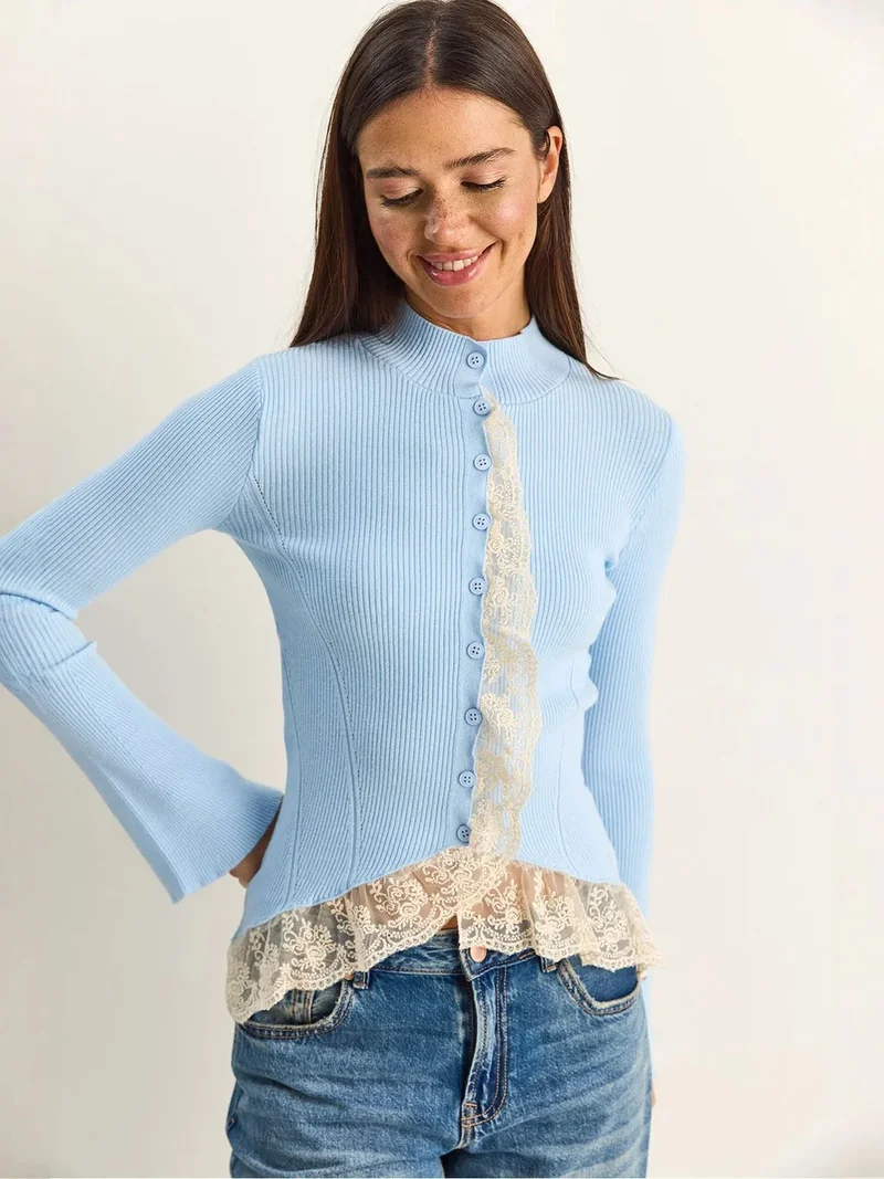 Bianco Lucci LUCCI Half Turtleneck Ribbed Cardigan