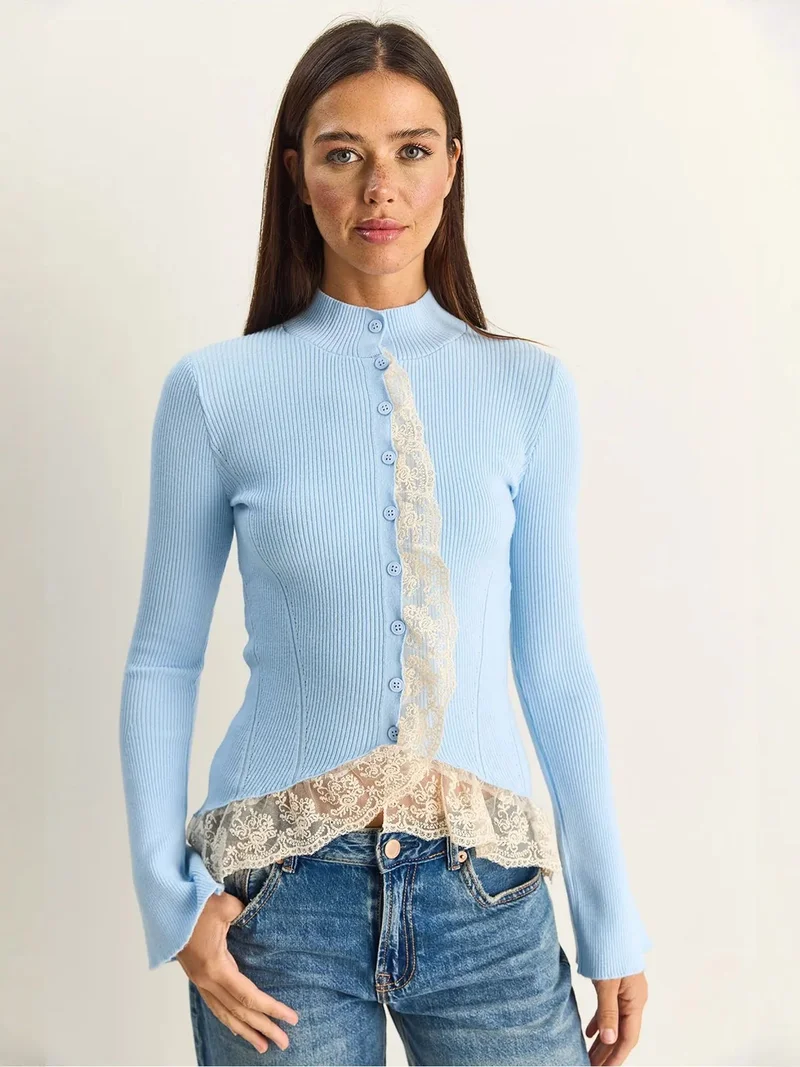 Bianco Lucci LUCCI Half Turtleneck Ribbed Cardigan
