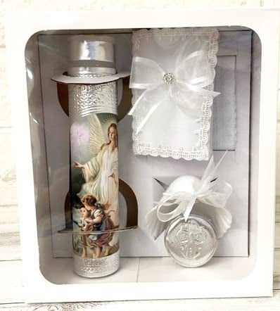 Ooki Beautiful Handmade 5pc. Silver Foil Angel and Kids Baptism Christening Shells Candle Set Favors Girl Boy White Set de Bautizo Espanol Nina Nino Baptism Communion Lace Gift Box - Image 5
