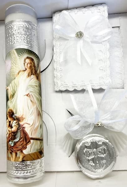 Ooki Beautiful Handmade 5pc. Silver Foil Angel and Kids Baptism Christening Shells Candle Set Favors Girl Boy White Set de Bautizo Espanol Nina Nino Baptism Communion Lace Gift Box - Image 3