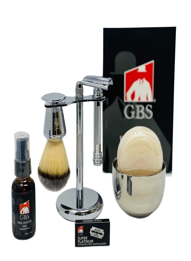 G.B.S Slant Safety Razor Shaving Set - Chrome -39 Stubble Remover, Shaving Brush & Slanted Razor, Stand, Bowl Soap + 10 Sharp Blades Effortless Glide Classic Style Salon - Image 1